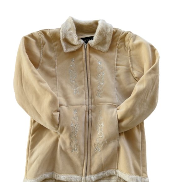 Embroidered Fur Lined Jacket/Coat for Girls in Beige NEW Size 10 (L) with Zipper - Picture 1 of 6